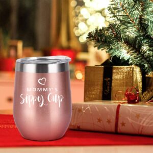 Mommy's Sippy Cup Wine Tumbler with Lid, Mom Birthday Christmas Gifts for Mom New Mom Mother Wife Women Mother's Day Thanksgiving Day, Insulated Stainless Steel Stemless Tumbler (12 Oz, Rose Gold)