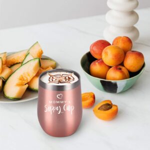 Mommy's Sippy Cup Wine Tumbler with Lid, Mom Birthday Christmas Gifts for Mom New Mom Mother Wife Women Mother's Day Thanksgiving Day, Insulated Stainless Steel Stemless Tumbler (12 Oz, Rose Gold)