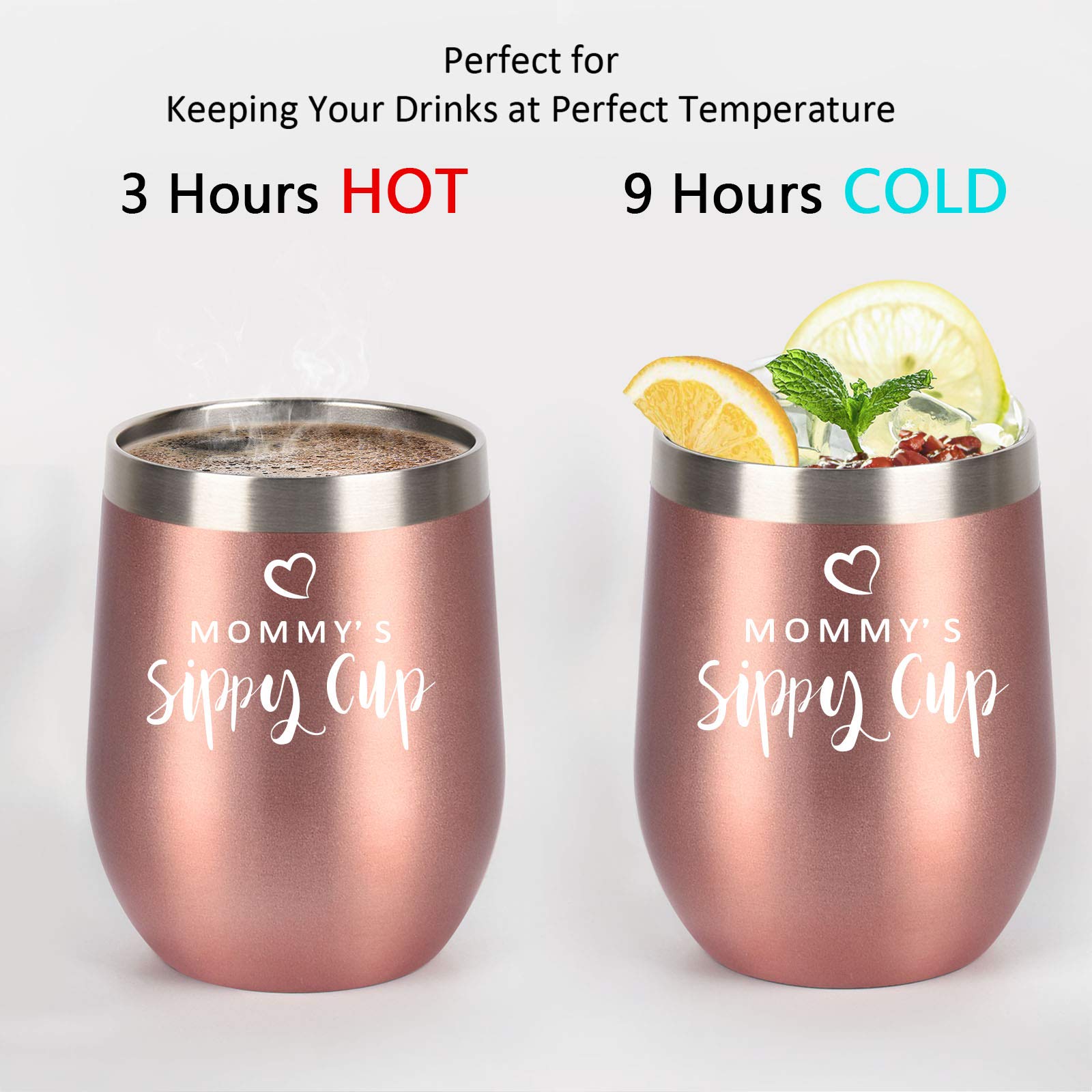 Mommy's Sippy Cup Wine Tumbler with Lid, Mom Birthday Christmas Gifts for Mom New Mom Mother Wife Women Mother's Day Thanksgiving Day, Insulated Stainless Steel Stemless Tumbler (12 Oz, Rose Gold)