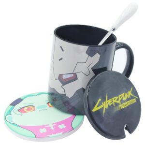 PPGOD Cyberpunk Edgerunners: 16 oz Anime Mugs Adam Smasher mug & Rebecca coasters black Coffee Cup set (Black Cup Ceramic Coasters Lid Spoon)