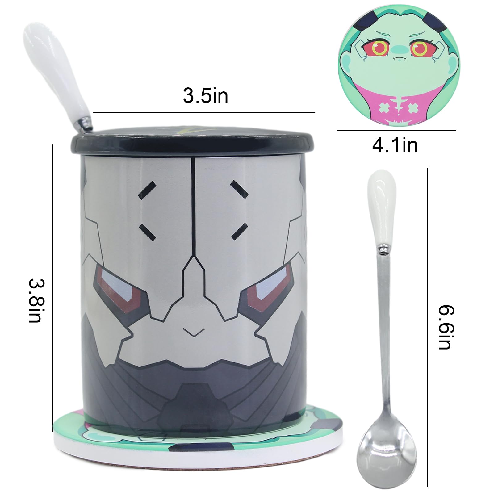 PPGOD Cyberpunk Edgerunners: 16 oz Anime Mugs Adam Smasher mug & Rebecca coasters black Coffee Cup set (Black Cup Ceramic Coasters Lid Spoon)
