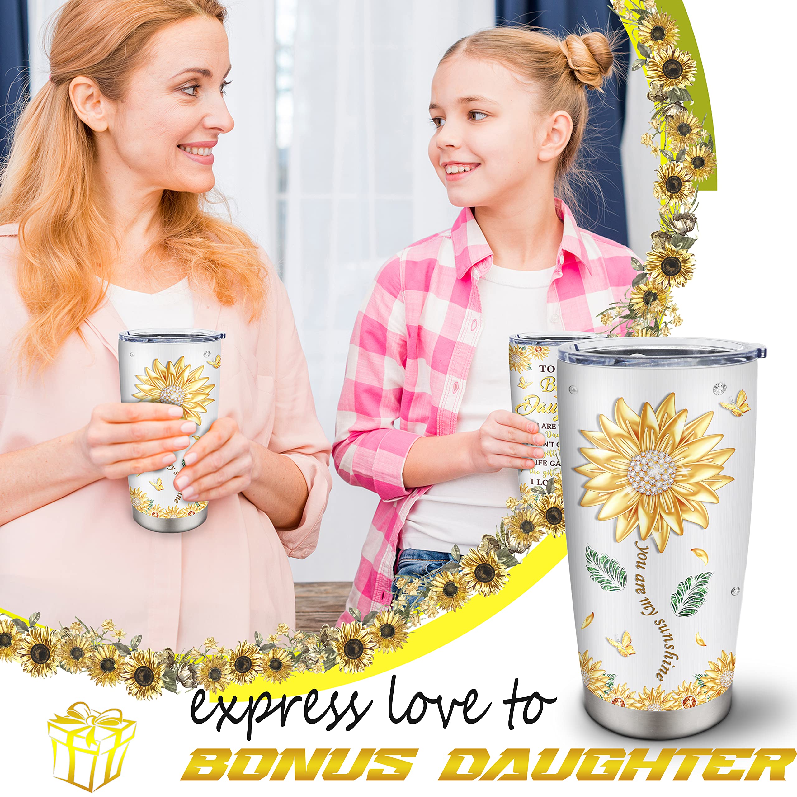 Fusui Bonus Daughter Gifts Cup, Gifts for Bonus Daughter, Bonus Daughter Gifts from Bonus Mom, Stepdaughter Gifts from Stepmom Stepdad, Best Bonus Daughter Birthday Gift Stainless Steel Tumbler 20oz