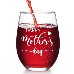 modwnfy mothers day gifts, funny happy mother’s day stemless wine glass, gifts for mom from daughter son husband, mothers day gifts for mom mother mommy mother in law stepmom grandma, 17 oz mom gifts