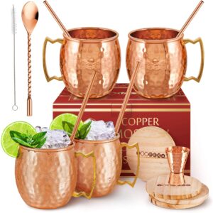 yooreka gift set moscow mule mugs set of 4 16 oz solid cooper, 100% pure copper cups handcrafted,bonus 4 straws, 4 wood coasters, stirring spoon, cleaning brush and jigger (round)