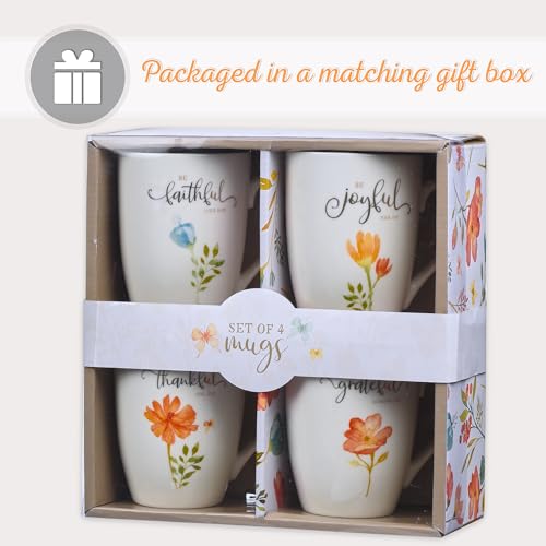 Christian Art Gifts Ceramic Coffee or Tea Mug Set for Women, Be Grateful, Faithful, Thankful, Joyful Bible Verse Mug Set, Boxed Set of 4 Coffee Cups