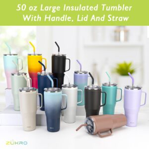 Zukro 50 oz Mug Tumbler With Handle And Straw, Vacuum Insulated Stainless Steel Large Travel Water Cup with Lid,Fit in Cup Holder,No Sweat,Keep Drinks Cold Up To 30 Hours, Dishwasher Safe