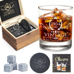 70th Birthday Gifts for Men Whiskey Glass Set - 70th Birthday Decorations, Party Supplies - 70 Year Anniversary, Bday Gifts Ideas for Him, Dad, Husband, Friends - Wood Box & Whiskey Stones & Coaster