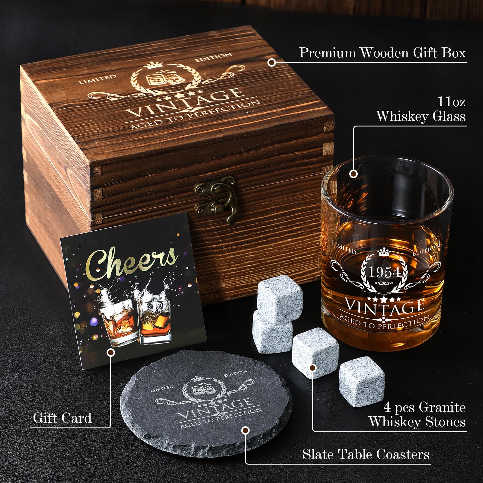 70th Birthday Gifts for Men Whiskey Glass Set - 70th Birthday Decorations, Party Supplies - 70 Year Anniversary, Bday Gifts Ideas for Him, Dad, Husband, Friends - Wood Box & Whiskey Stones & Coaster