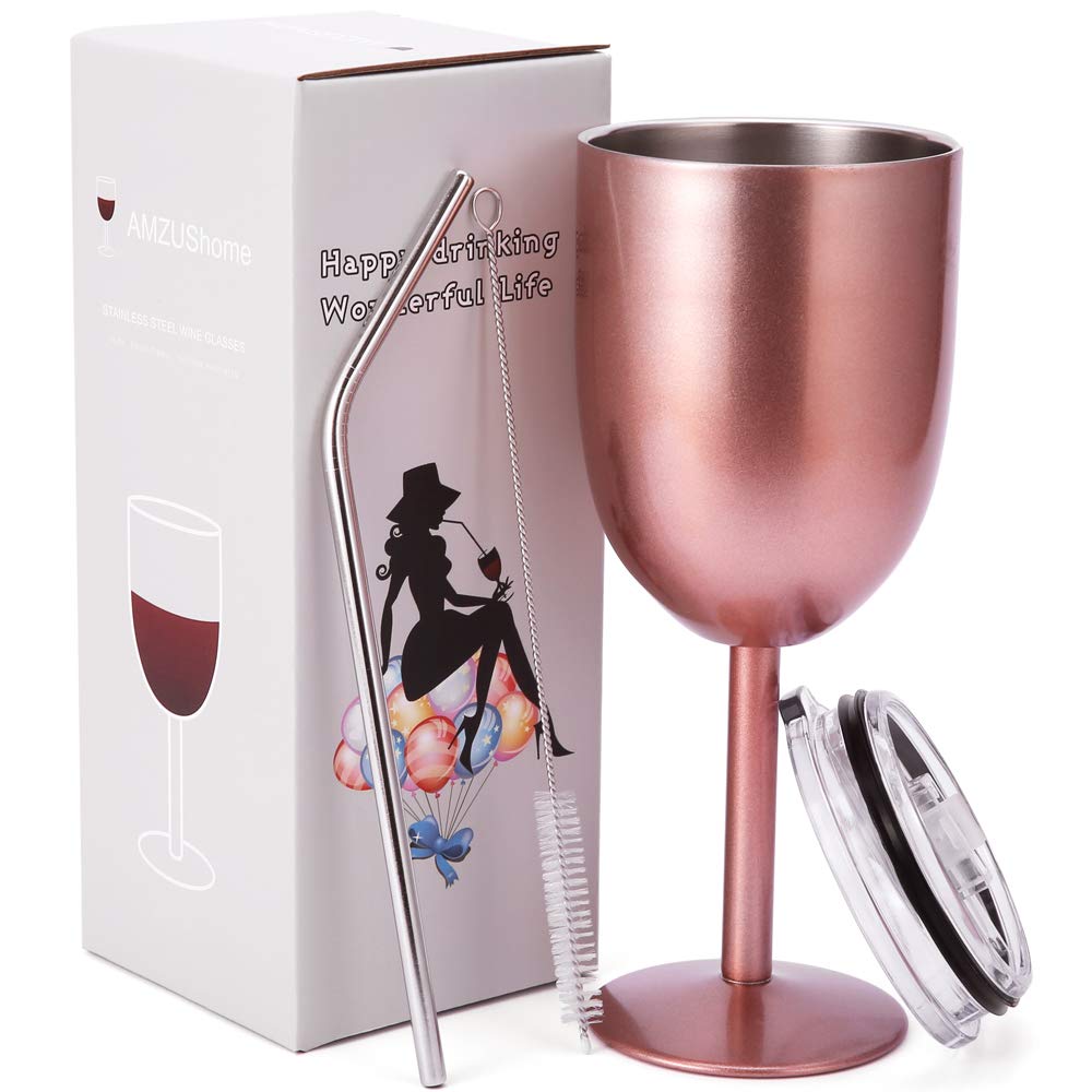 AMZUShome Stainless Steel Wine Glasses Cups.Double Walled Vacuum Insulated Wine Tumbler With Lid and Straw.Friendship,Christmas,Birthday Gifts for Women Men Friends Dad Mom(10oz Rose Gold)