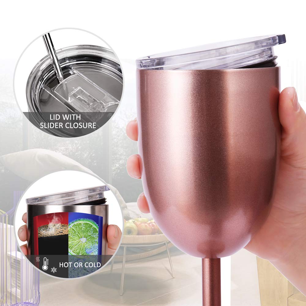 AMZUShome Stainless Steel Wine Glasses Cups.Double Walled Vacuum Insulated Wine Tumbler With Lid and Straw.Friendship,Christmas,Birthday Gifts for Women Men Friends Dad Mom(10oz Rose Gold)
