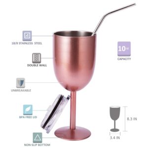 AMZUShome Stainless Steel Wine Glasses Cups.Double Walled Vacuum Insulated Wine Tumbler With Lid and Straw.Friendship,Christmas,Birthday Gifts for Women Men Friends Dad Mom(10oz Rose Gold)