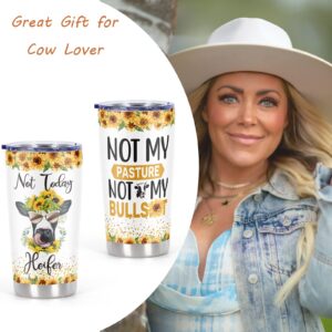 Cosictic Cow Lover Gift, Not Today Heifer Not My Pasture Not My Problem Travel Tumbler With Sunflower Cow, Gift For Heifer Cow Lover Farmer Life Lover