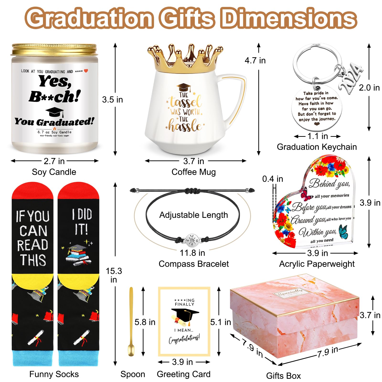 2024 Graduation Gifts for Her Graduation Coffee Mug with Crown Lid Scented Candle Funny Socks Acrylic Keepsake Compass Bracelets Keychain Graduated Congratulations Gifts for Women Friend (Graduation)