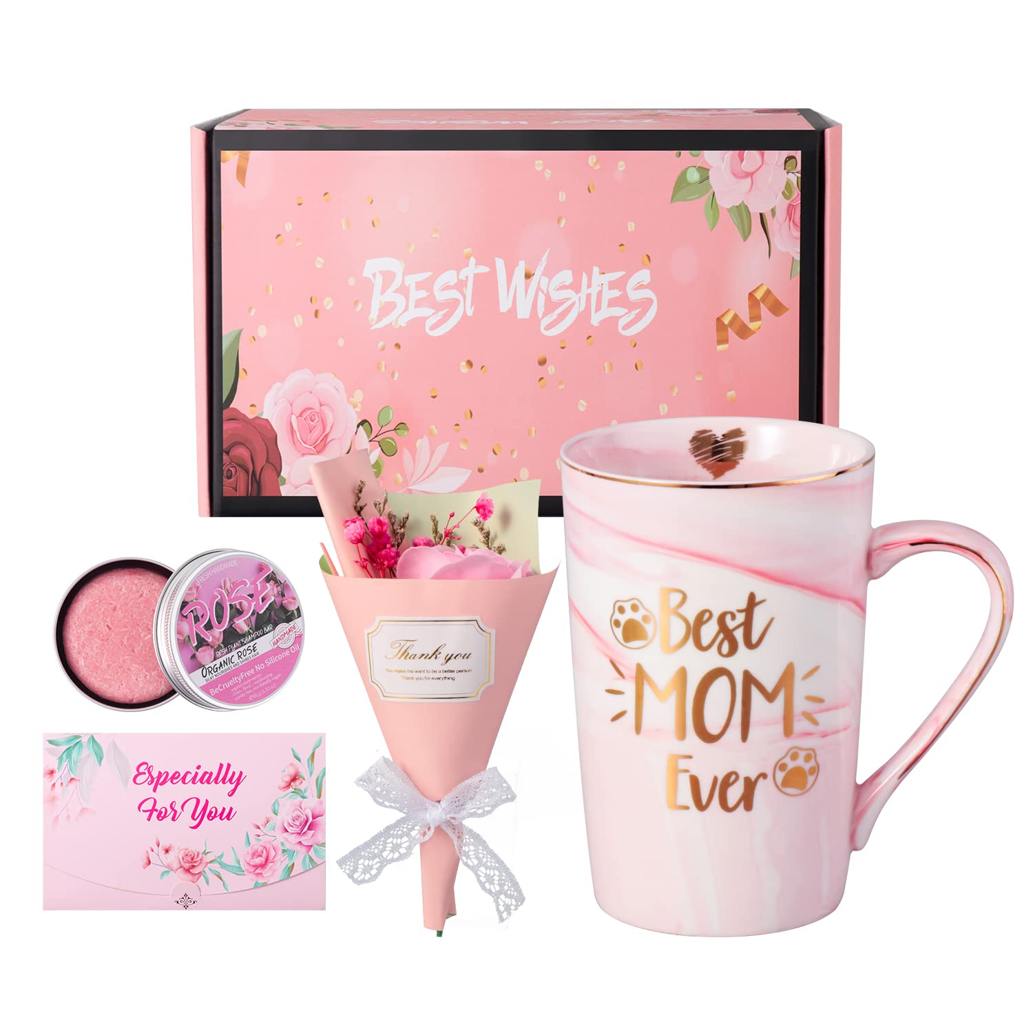 Best Mom Ever Coffee Mug, Gifts for Mom - Best Mother's Day Birthday Gift Set, Novelty Ceramic Cup Gifts Set with Rose Flower Shampoo Bar from Daughter Son for Mother Christmas Moms Family Day