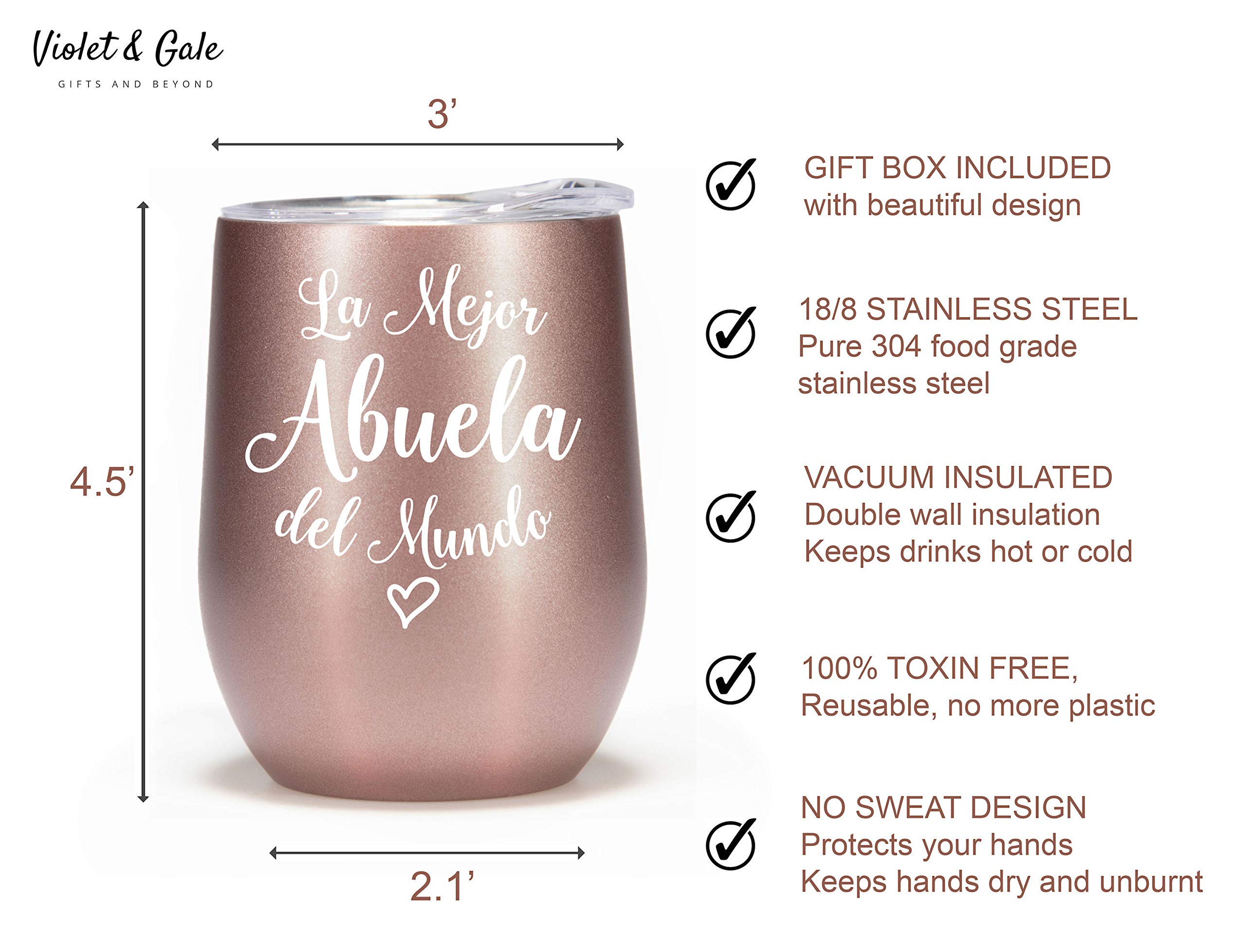 Violet and Gale Abuela Gifts for Women 12oz Wine Glass Tumbler Abuelita Spanish Grandma Birthday Gift from Granddaughter Rose Gold Coffee Mug