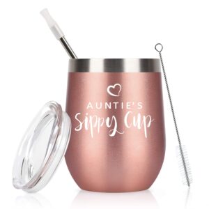 gifts for aunt auntie's sippy cup wine tumbler with lid, birthday mothers day gifts for aunts new best aunt gifts from niece nephew, 12 oz funny insulated stainless steel tumbler with straw, rose gold