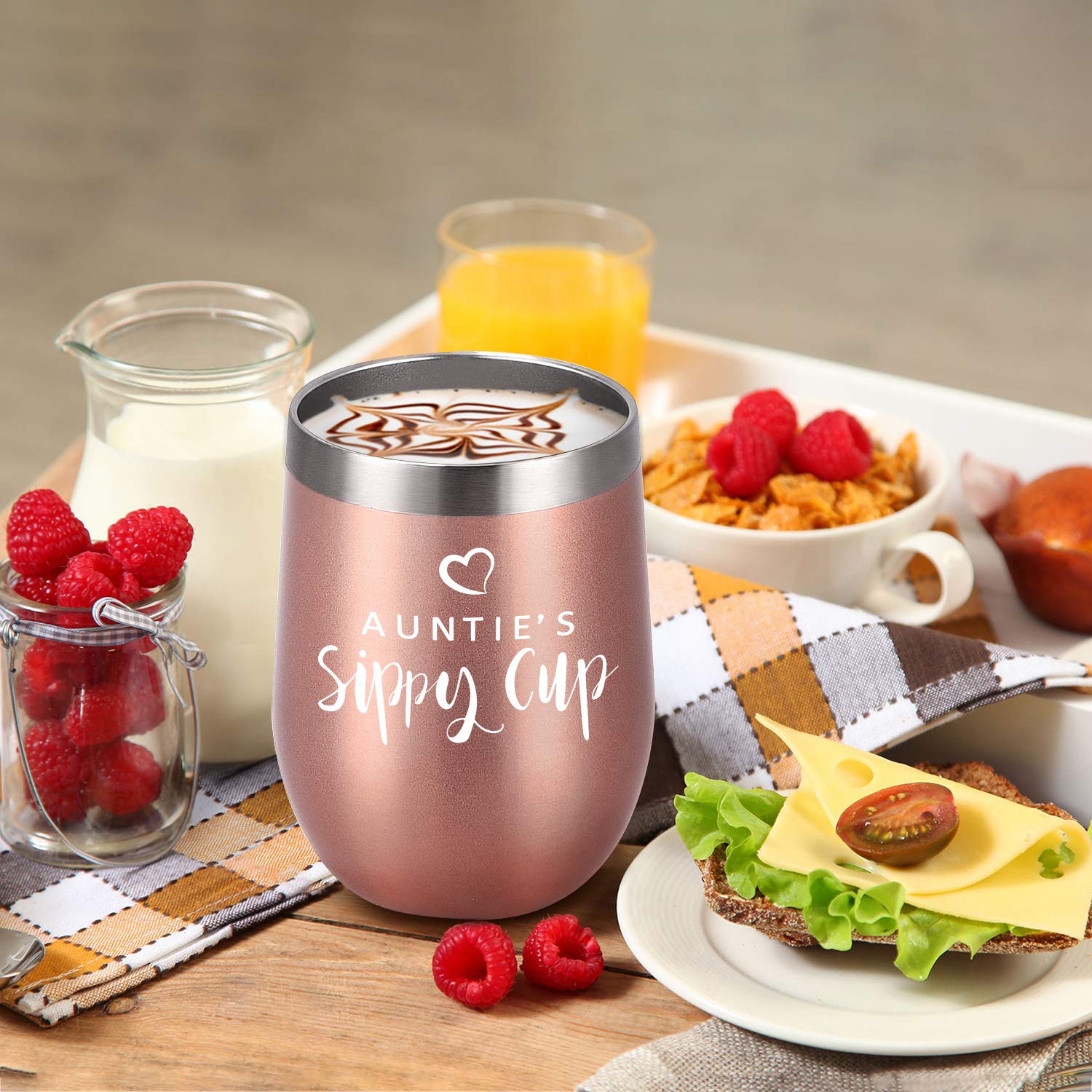 Gifts for Aunt Auntie's Sippy Cup Wine Tumbler with Lid, Birthday Mothers Day Gifts for Aunts New Best Aunt Gifts from Niece Nephew, 12 Oz Funny Insulated Stainless Steel Tumbler with Straw, Rose Gold