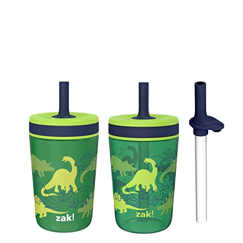 Zak Designs Dino Camo Kelso Tumbler 3pc Set, Leak-Proof Screw-On Lid with Straw, Bundle for Kids Includes Plastic and Stainless Steel Cups with Additional Sipper, 15 fluid ounces