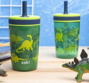 Zak Designs Dino Camo Kelso Tumbler 3pc Set, Leak-Proof Screw-On Lid with Straw, Bundle for Kids Includes Plastic and Stainless Steel Cups with Additional Sipper, 15 fluid ounces