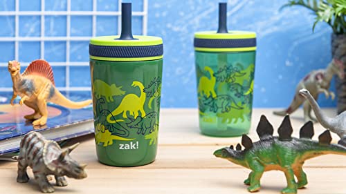 Zak Designs Dino Camo Kelso Tumbler 3pc Set, Leak-Proof Screw-On Lid with Straw, Bundle for Kids Includes Plastic and Stainless Steel Cups with Additional Sipper, 15 fluid ounces