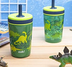 Zak Designs Dino Camo Kelso Tumbler 3pc Set, Leak-Proof Screw-On Lid with Straw, Bundle for Kids Includes Plastic and Stainless Steel Cups with Additional Sipper, 15 fluid ounces