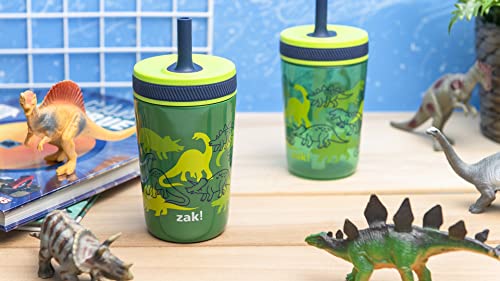 Zak Designs Dino Camo Kelso Tumbler 3pc Set, Leak-Proof Screw-On Lid with Straw, Bundle for Kids Includes Plastic and Stainless Steel Cups with Additional Sipper, 15 fluid ounces