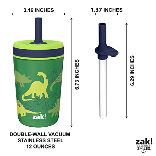 Zak Designs Dino Camo Kelso Tumbler 3pc Set, Leak-Proof Screw-On Lid with Straw, Bundle for Kids Includes Plastic and Stainless Steel Cups with Additional Sipper, 15 fluid ounces