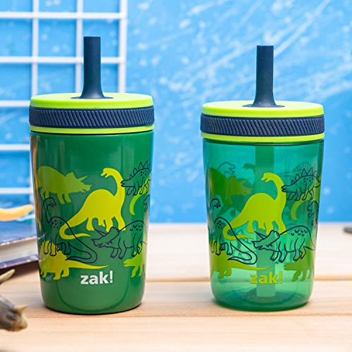 Zak Designs Dino Camo Kelso Tumbler 3pc Set, Leak-Proof Screw-On Lid with Straw, Bundle for Kids Includes Plastic and Stainless Steel Cups with Additional Sipper, 15 fluid ounces