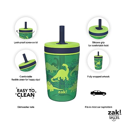 Zak Designs Dino Camo Kelso Tumbler 3pc Set, Leak-Proof Screw-On Lid with Straw, Bundle for Kids Includes Plastic and Stainless Steel Cups with Additional Sipper, 15 fluid ounces