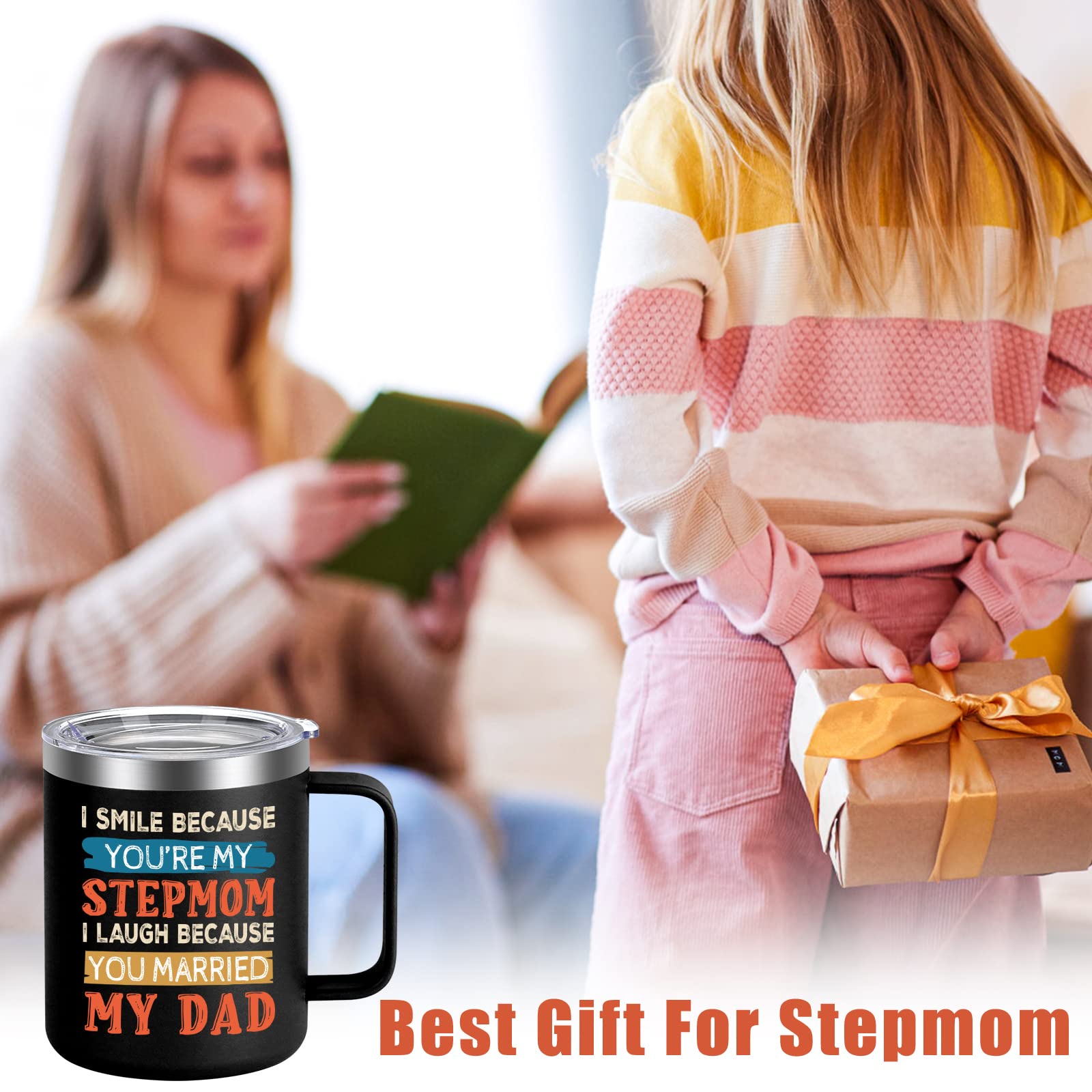 Lifecapido Stepmom Gifts - I Smile Because You are My Stepmom 12oz Stainless Steel Insulated Coffee Mug, Funny Mother's Day Birthday Christmas Gift for Stepmom Bonus Mom Stepmother, Rose Gold