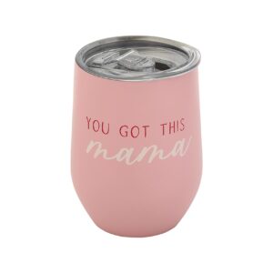 Pearhead You Got This Mama Stainless Steel Wine Tumbler with Press-In and Slide Locking Lid, Cute Motherhood Stemless Wine Glass Tumbler Mug, New Mom Accessory, 12oz