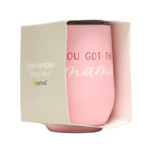 Pearhead You Got This Mama Stainless Steel Wine Tumbler with Press-In and Slide Locking Lid, Cute Motherhood Stemless Wine Glass Tumbler Mug, New Mom Accessory, 12oz
