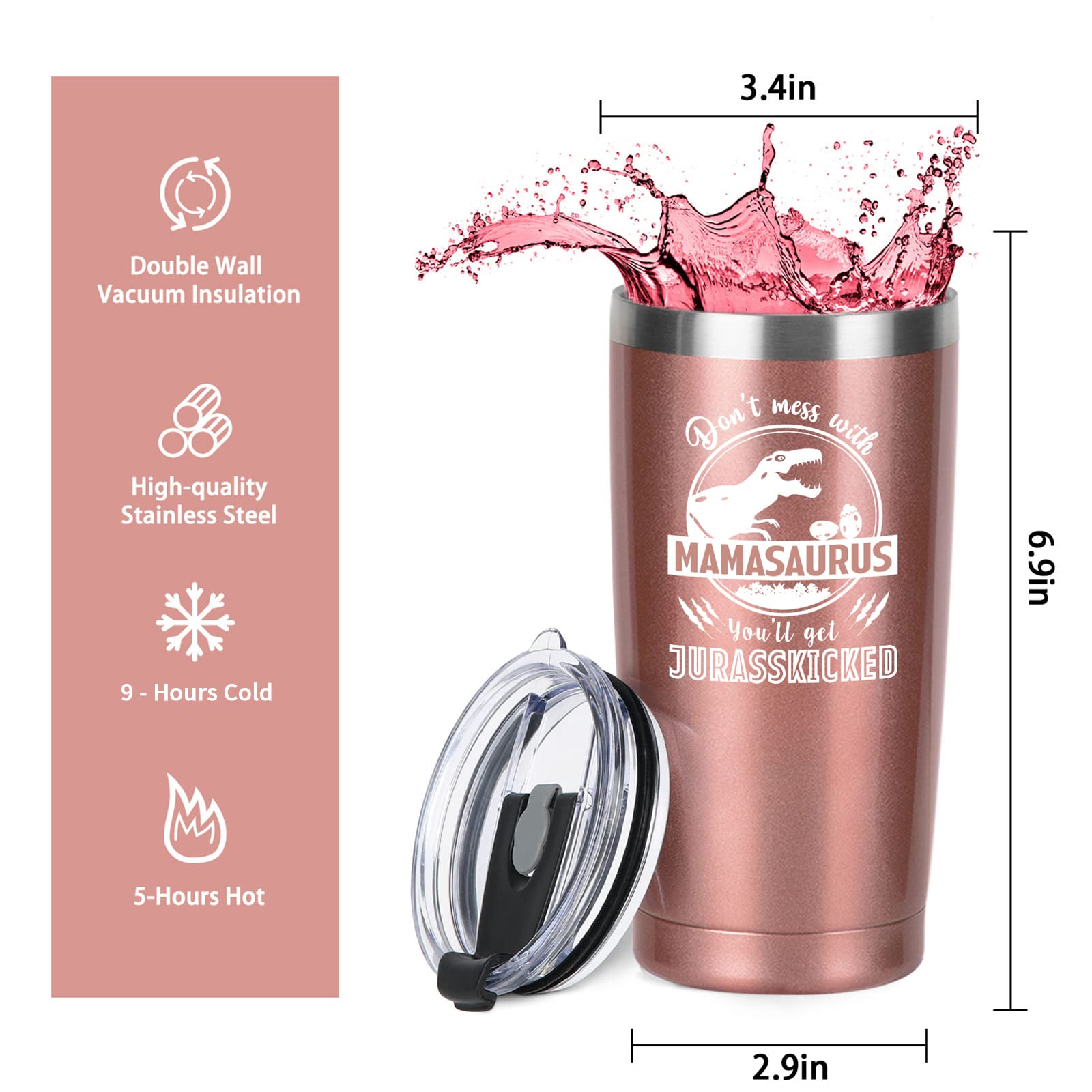 Lifecapido Gifts for Mom - Don't Mess with Mama Saurus 20oz Tumbler, Mamasaurus Insulated Tumbler with Lids - Mom Gifts from Daughter Son for Birthday Christmas Mother's Day, Rose Gold