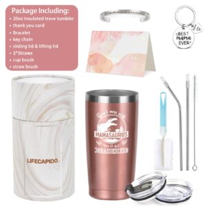 Lifecapido Gifts for Mom - Don't Mess with Mama Saurus 20oz Tumbler, Mamasaurus Insulated Tumbler with Lids - Mom Gifts from Daughter Son for Birthday Christmas Mother's Day, Rose Gold