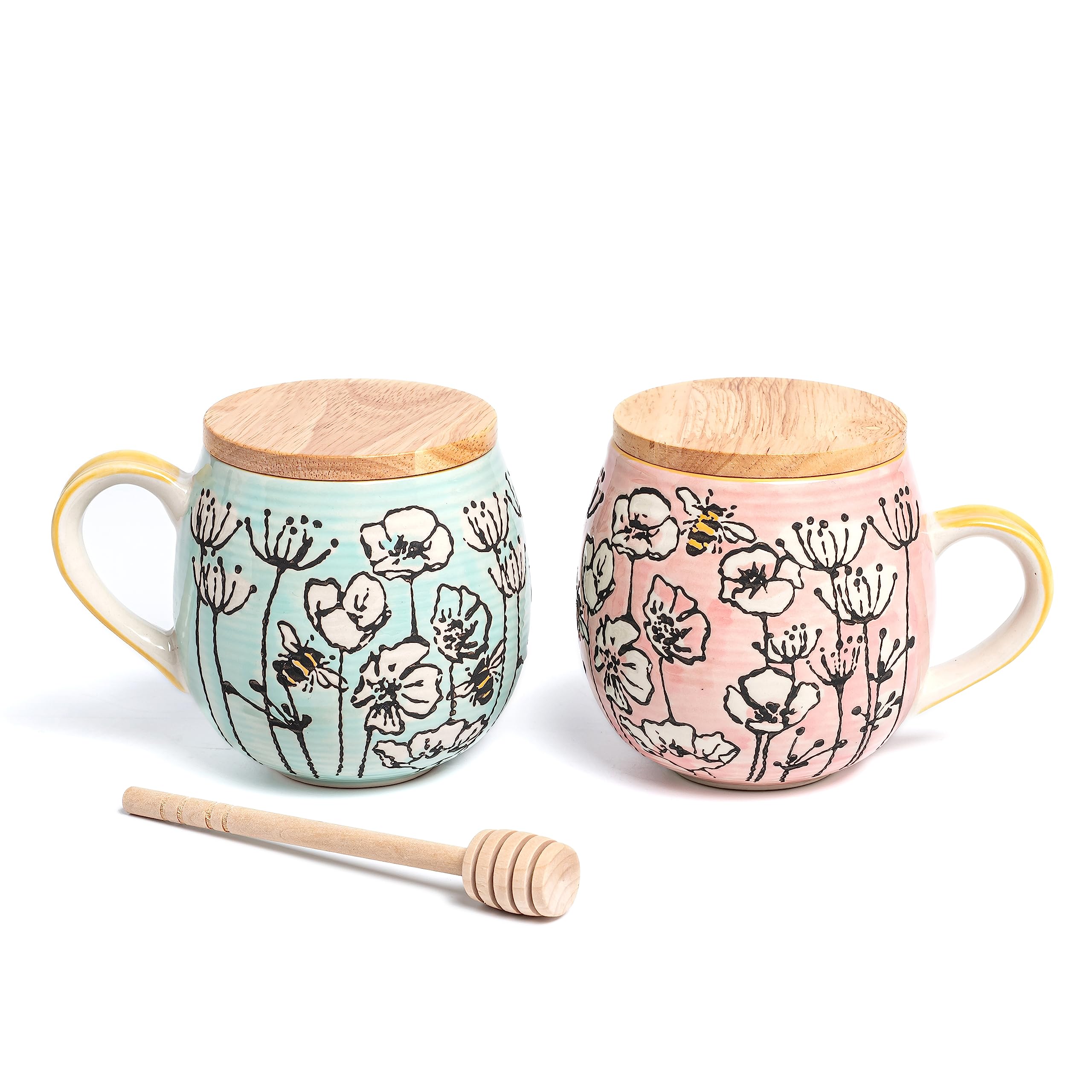 Taimei Teatime Coffee Mugs,16.9 oz Mug Set of 2, Large Ceramic Coffee Mug with Lid, Handpainted Bee and Floral Big Mug，Seasonal Gift Set, Microwave and Dishwasher Safe