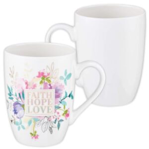 christian art gifts white with pastel floral ceramic coffee mug for women and men, faith hope love - 1 corinthians 13:13 lead-free and cadmium-free, bible verse inspirational coffee cup, 12 oz