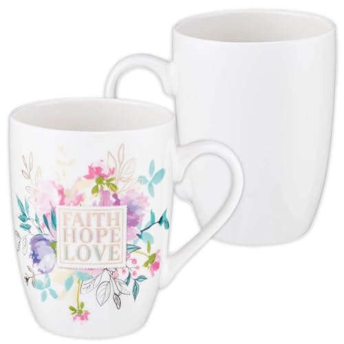 Christian Art Gifts White with Pastel Floral Ceramic Coffee Mug for Women and Men, Faith Hope Love - 1 Corinthians 13:13 Lead-free and Cadmium-free, Bible Verse Inspirational Coffee Cup, 12 oz