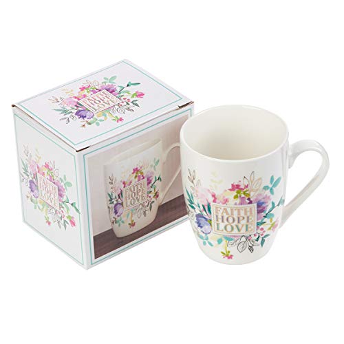 Christian Art Gifts White with Pastel Floral Ceramic Coffee Mug for Women and Men, Faith Hope Love - 1 Corinthians 13:13 Lead-free and Cadmium-free, Bible Verse Inspirational Coffee Cup, 12 oz