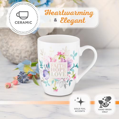 Christian Art Gifts White with Pastel Floral Ceramic Coffee Mug for Women and Men, Faith Hope Love - 1 Corinthians 13:13 Lead-free and Cadmium-free, Bible Verse Inspirational Coffee Cup, 12 oz