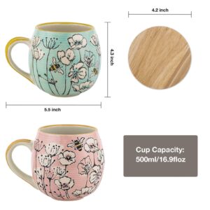 Taimei Teatime Coffee Mugs,16.9 oz Mug Set of 2, Large Ceramic Coffee Mug with Lid, Handpainted Bee and Floral Big Mug，Seasonal Gift Set, Microwave and Dishwasher Safe