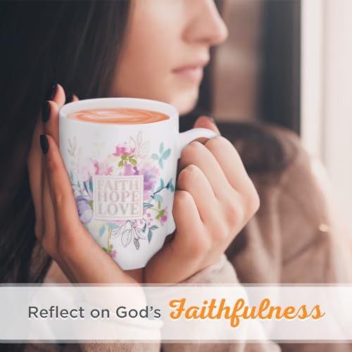 Christian Art Gifts White with Pastel Floral Ceramic Coffee Mug for Women and Men, Faith Hope Love - 1 Corinthians 13:13 Lead-free and Cadmium-free, Bible Verse Inspirational Coffee Cup, 12 oz