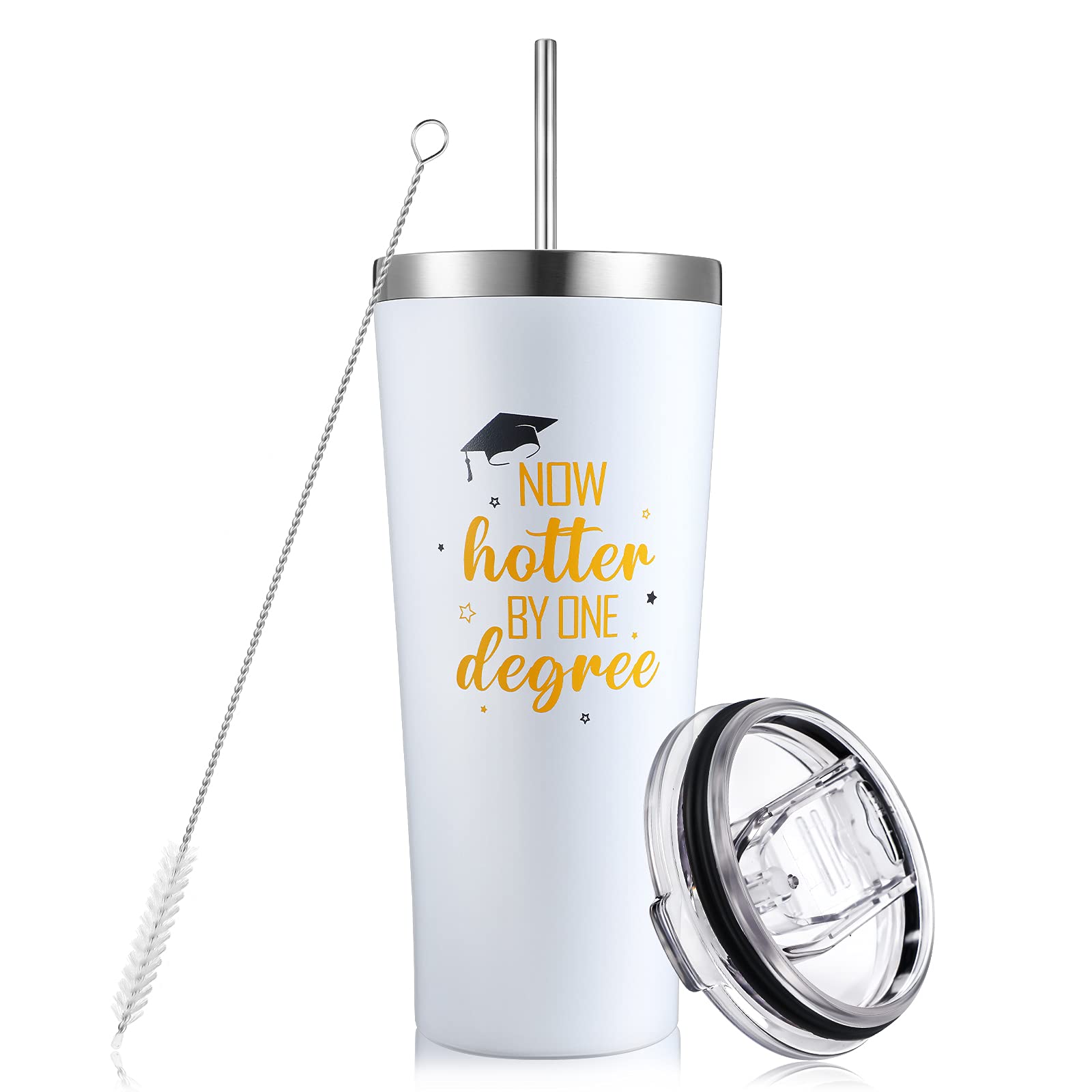 Graduation Present, 22 oz Graduation Tumbler Now Hotter by One Degree Travel Tumbler Insulated Stainless Steel Vacuum Double Wall Travel Tumbler Mug with Lid, Straw and Brush for College High School