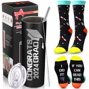 gerrii graduation gifts set, congrats 2024 grad insulated stainless steel 20 oz tumbler travel tumbler water mug with lid straw brush and novelty saying socks for college high school student (black)
