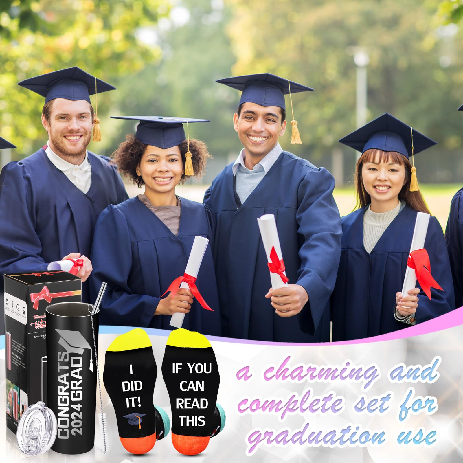 Gerrii Graduation Gifts Set, Congrats 2024 Grad Insulated Stainless Steel 20 oz Tumbler Travel Tumbler Water Mug with Lid Straw Brush and Novelty Saying Socks for College High School Student (Black)