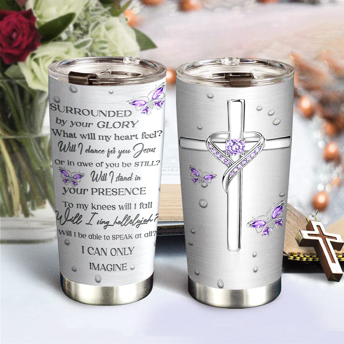 64HYDRO 20oz Christian Gifts for Women, Mom, Friends, Valentines Day Gifts for Her Religious Gifts for Women Printed Jewelry Butterfly Faith I Can Only Imagine Tumbler Cup, Travel Coffee Mug with Lid