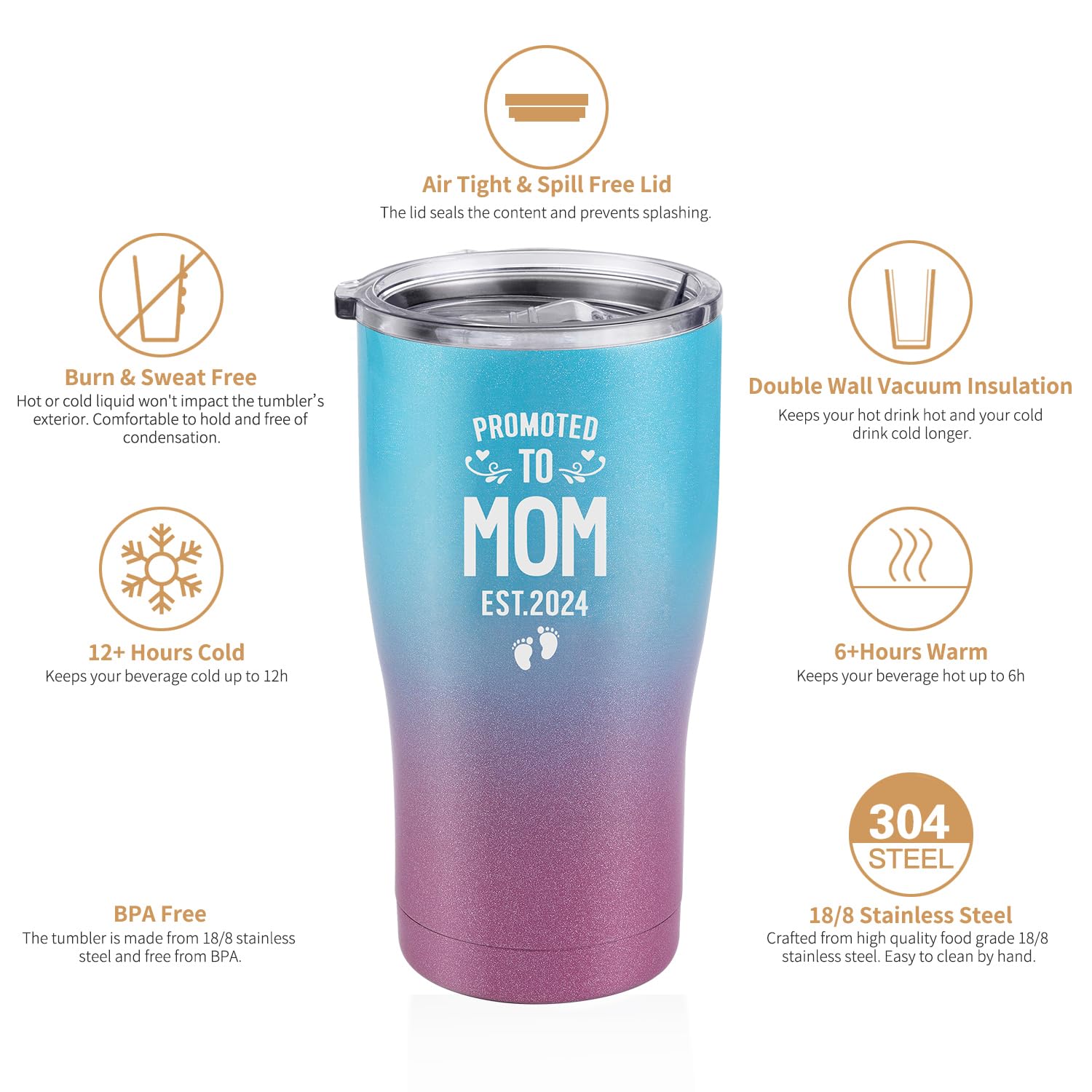 NUI LIVING Promoted to Mom Est 2024 Tumbler - New Mom Gifts Ideas - First Time Mom - Mom to be - Mommy w/New Baby Gift - Cute Expecting Mother to be Baby Shower Presents for Her (Purple Teal 2022)