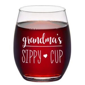 gingprous grandma’s sippy cup stemless wine glass for women, grandma, mother, new grandma, grandma again, grandmother, funny grandma wine glass 15 oz for mother's day birthday christmas