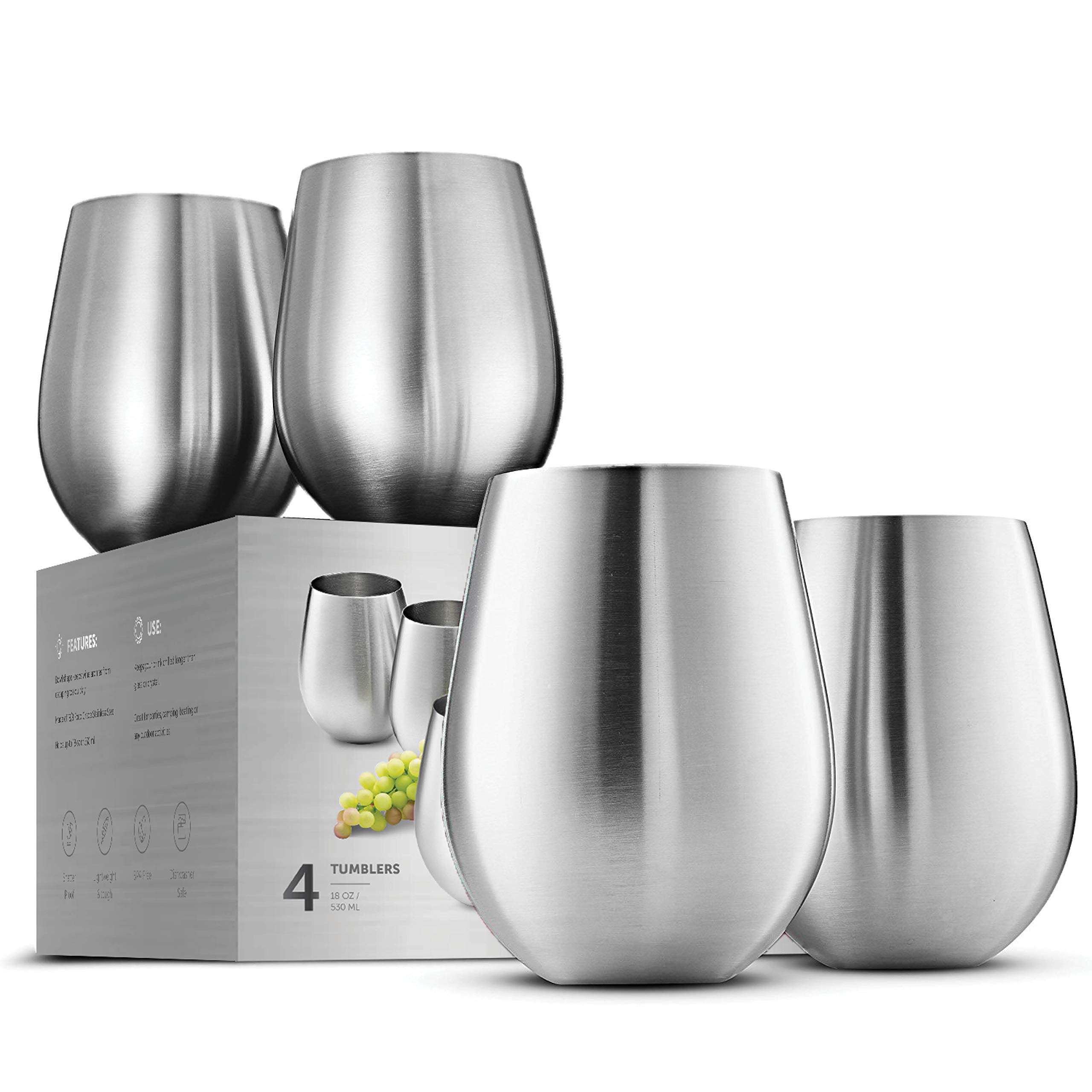 18oz Stainless Steel Stemless Wine Glass Set of 4 - Unbreakable, Portable for Outdoor Events