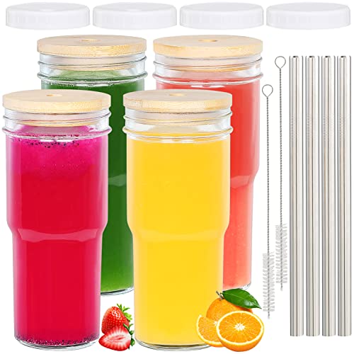 Tzirci 4 Pack Glass Cups 24oz Iced Coffee Cups Drinking Glasses Tumbler with Bamboo Lids and Straws Mason Jars Smoothie Cups Glass Beer Cups for Tea Soda Boba Bubble Juice