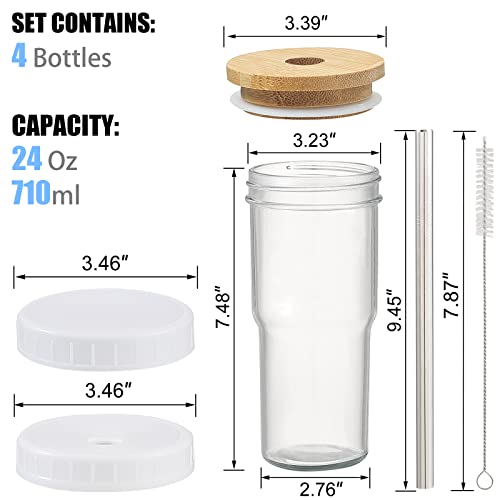 Tzirci 4 Pack Glass Cups 24oz Iced Coffee Cups Drinking Glasses Tumbler with Bamboo Lids and Straws Mason Jars Smoothie Cups Glass Beer Cups for Tea Soda Boba Bubble Juice